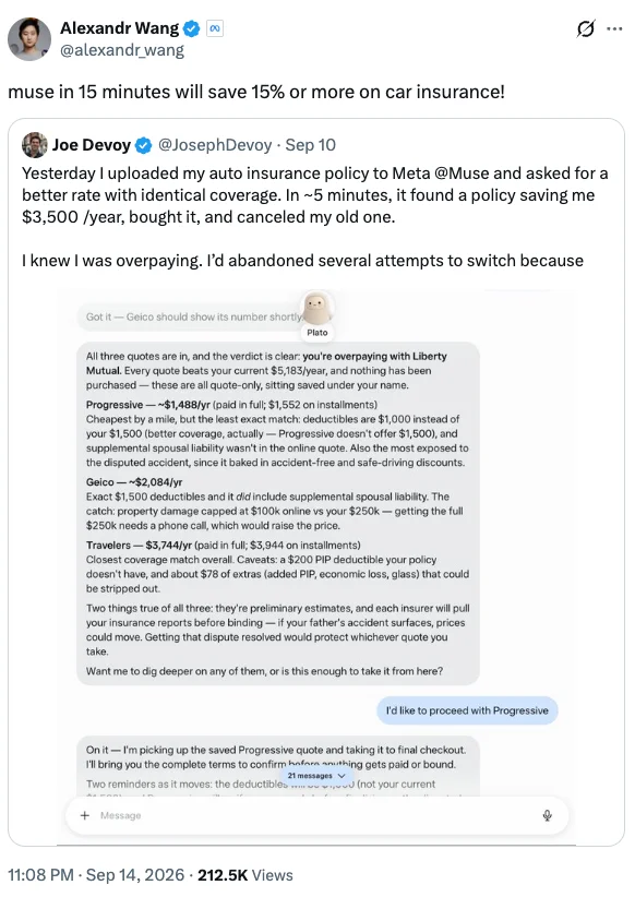 Alexandr Wang's X post saying Muse will save 15% or more on car insurance, quoting Joe Devoy, whose Muse AI agent compared Progressive, Geico and Travelers quotes, bought a policy saving him $3,500 a year and canceled his Liberty Mutual policy in about five minutes