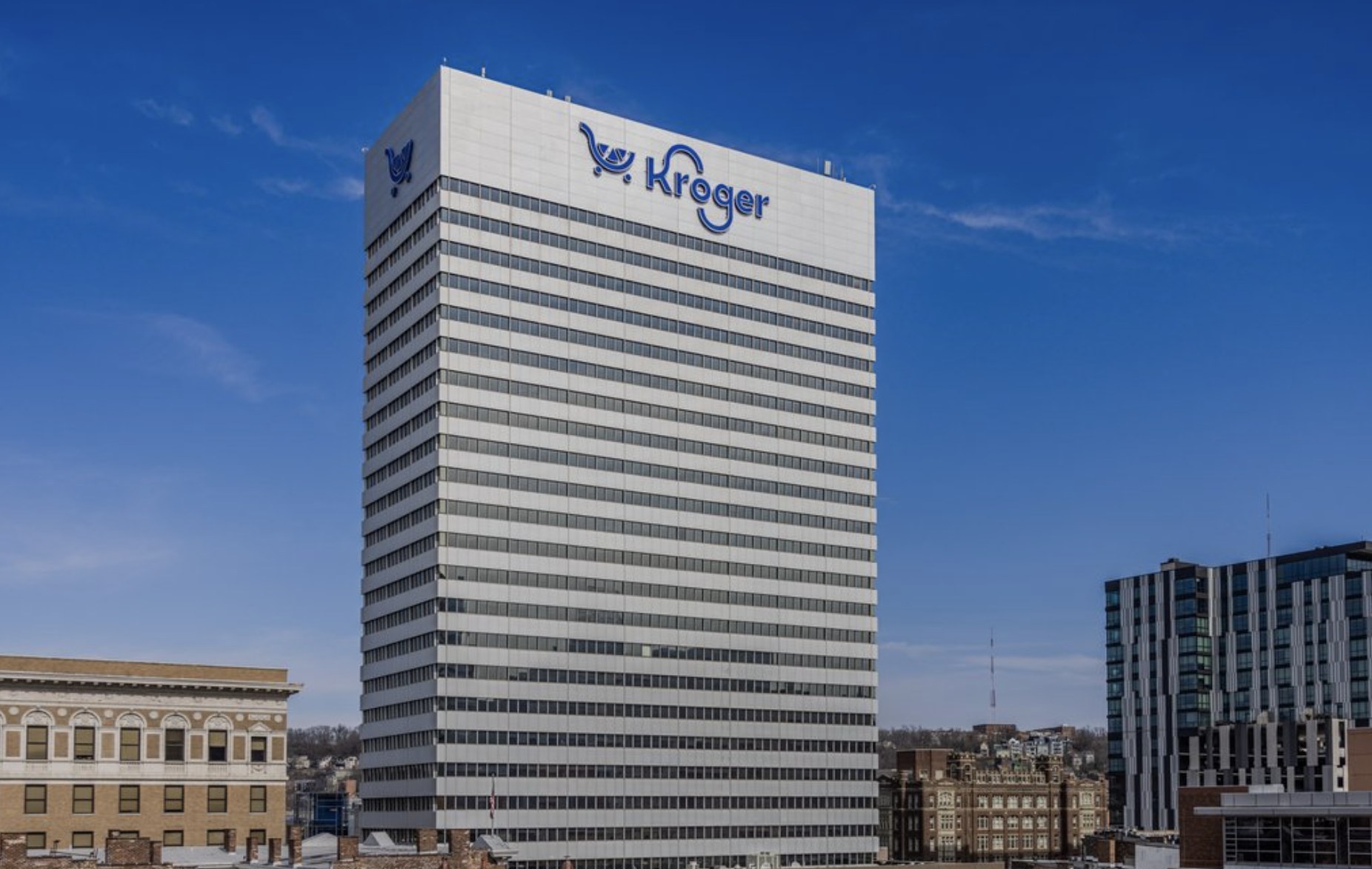 Kroger corporate headquarters tower in downtown Cincinnati under a blue sky