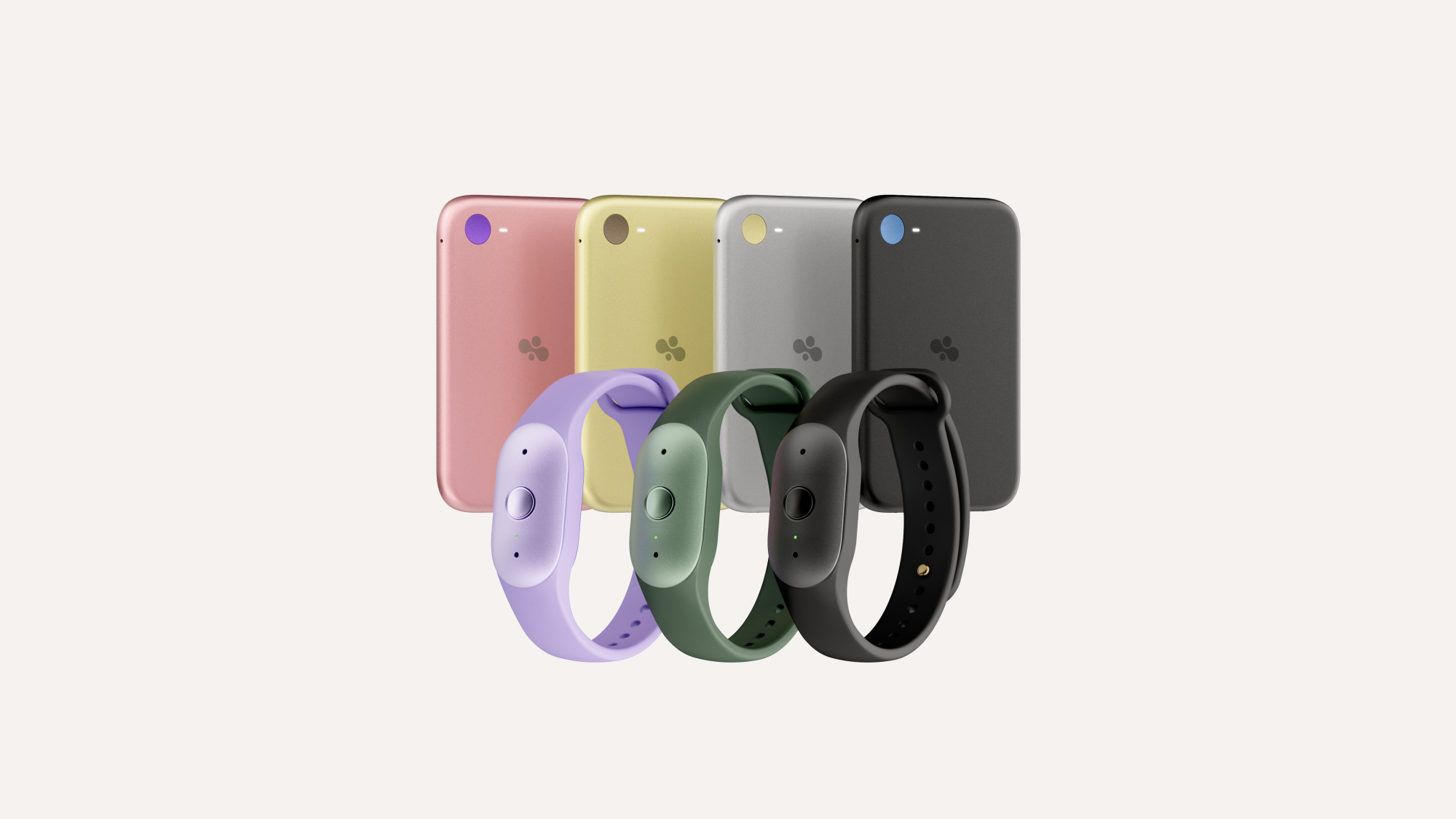 Amazon Bee Frontier wristbands in lavender, sage and black in front of Bee Eclipse phone attachments in pink, gold, silver and black