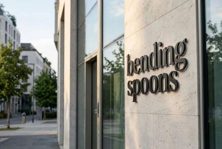 The Bending Spoons name in dark letters on the stone wall of an office building
