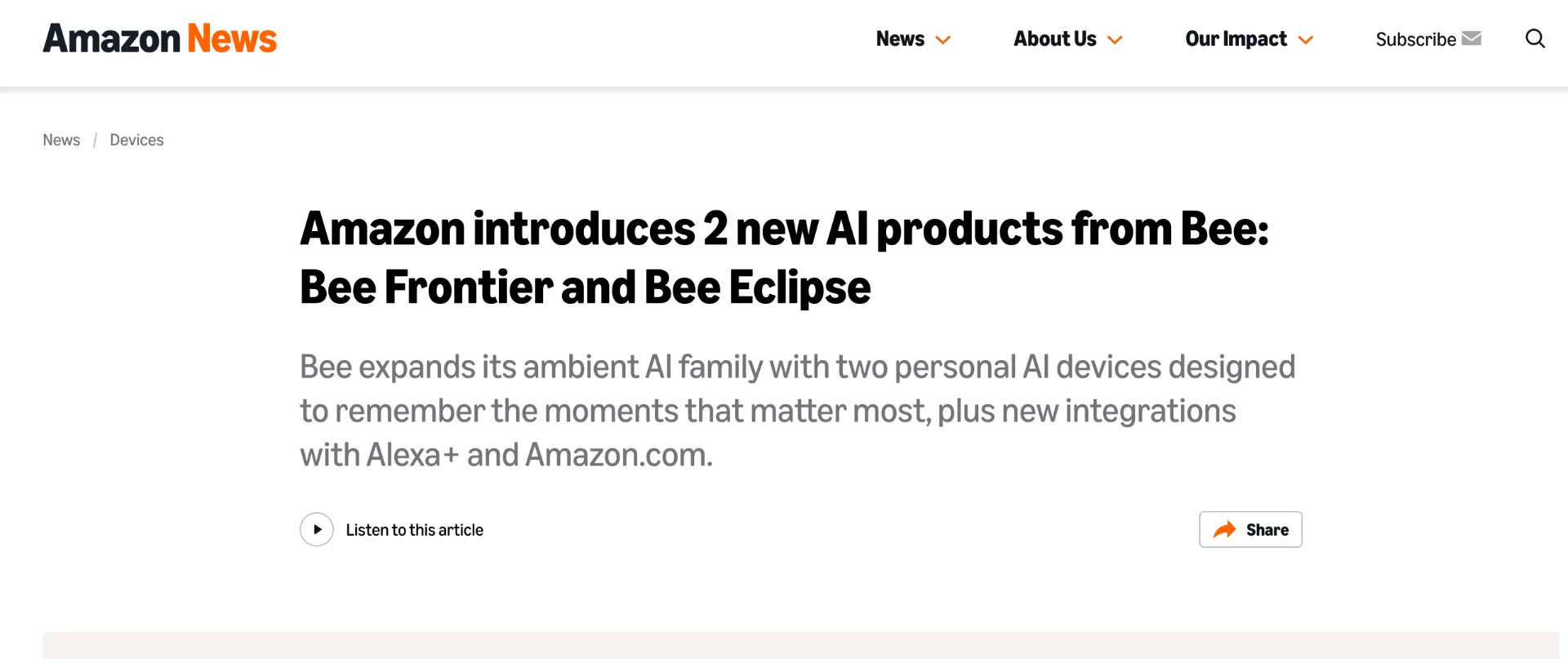Amazon News article headline: Amazon introduces 2 new AI products from Bee: Bee Frontier and Bee Eclipse