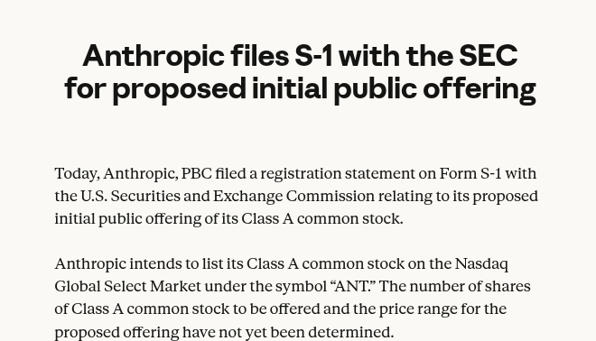 Anthropic's announcement page titled Anthropic files S-1 with the SEC for proposed initial public offering, published Oct. 26, 2026