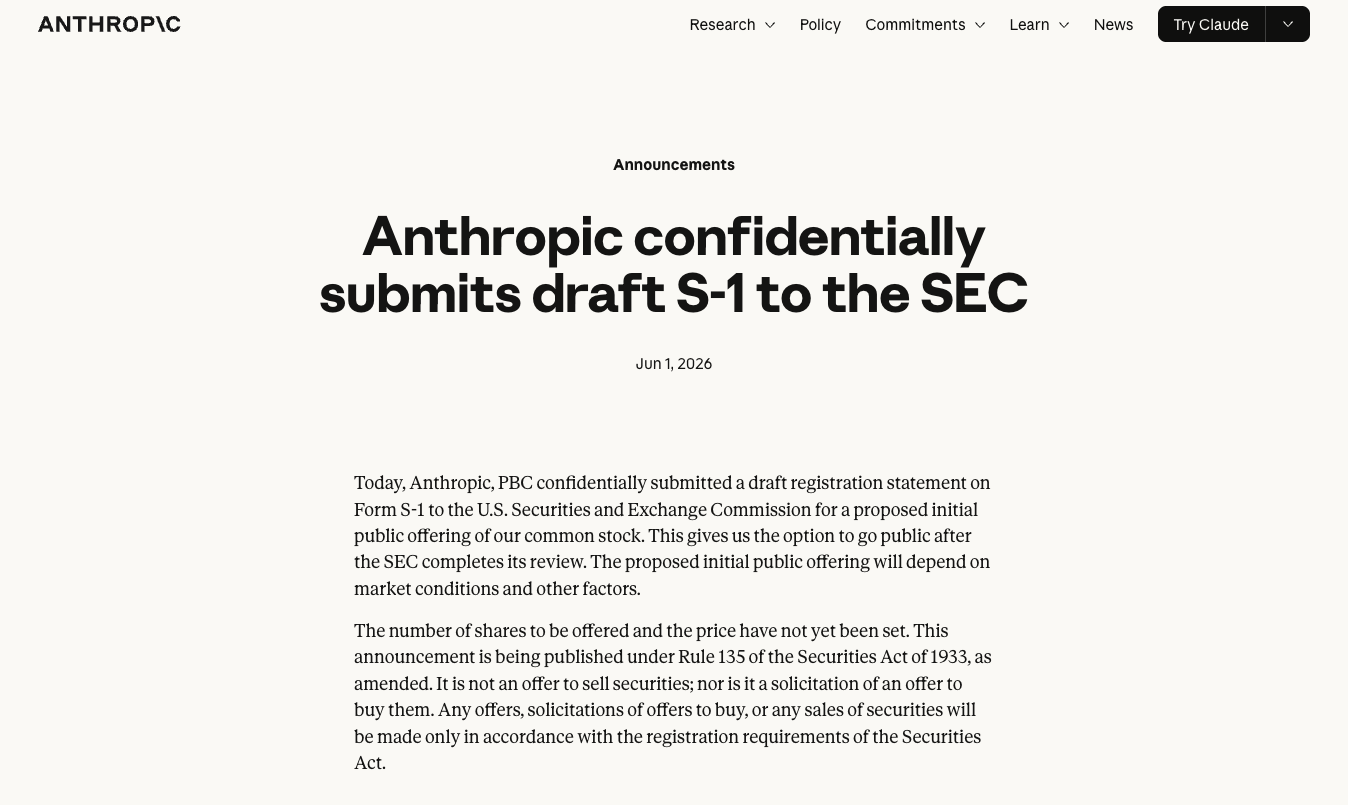 Anthropic announcement dated June 1, 2026, headlined Anthropic confidentially submits draft S-1 to the SEC, explaining it filed a draft registration statement for a proposed IPO of its common stock