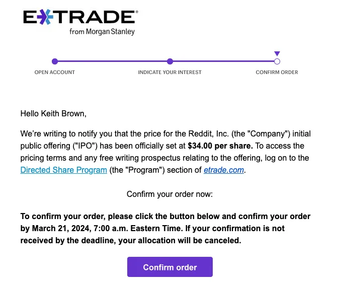 E*TRADE email to Keith Brown confirming the Reddit IPO price of $34.00 per share through the Directed Share Program, with an order confirmation deadline of March 21, 2024, 7:00 a.m. Eastern