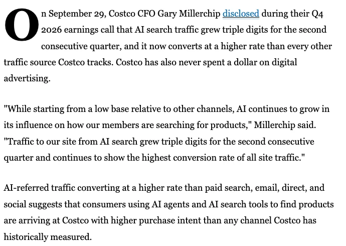 News excerpt: on September 29, Costco CFO Gary Millerchip said AI search traffic grew triple digits for the second consecutive quarter and converts at a higher rate than every other traffic source, and that Costco has never spent on digital advertising