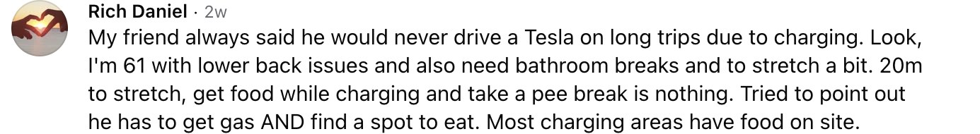 Facebook comment from Rich Daniel about being 61 with lower back issues and enjoying 20 minute charging stops