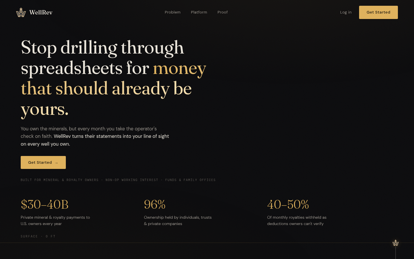 WellRev homepage with the headline Stop drilling through spreadsheets for money that should already be yours