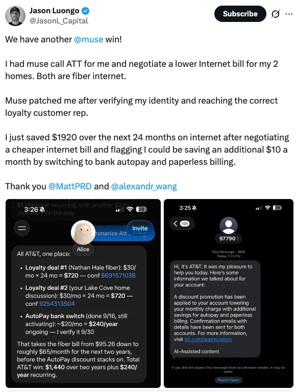 Jason Luongo's X post saying his Muse AI agent called AT&T, reached the loyalty team and saved him $1,920 over 24 months on fiber internet for two homes, with screenshots of the agent's summary and AT&T's confirmation text