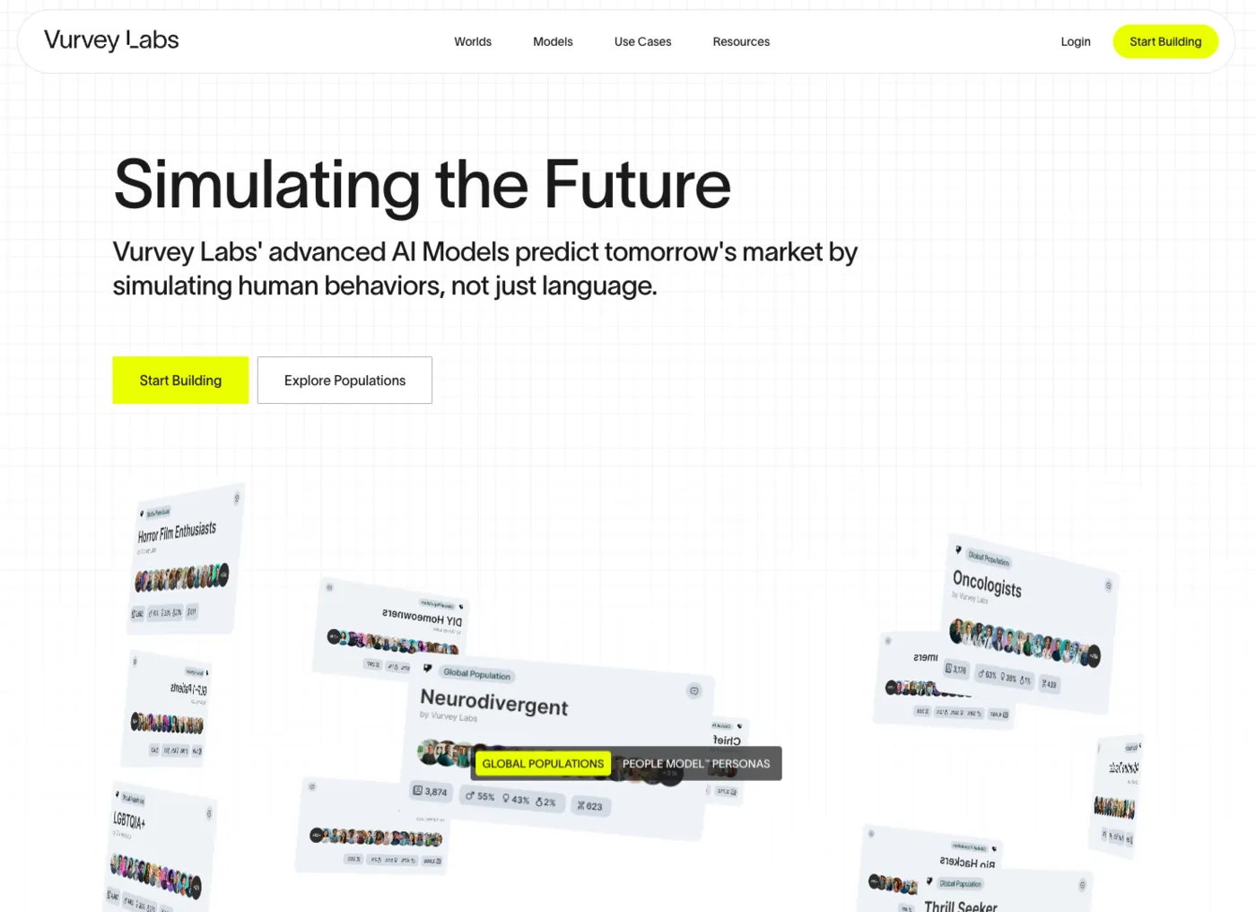 Vurvey Labs homepage: Simulating the Future. Vurvey Labs' AI models predict tomorrow's market by simulating human behaviors, with population cards like Neurodivergent, Oncologists and Horror Film Enthusiasts