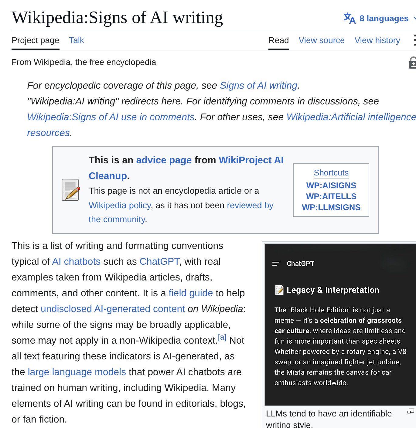 Screenshot of the Wikipedia:Signs of AI writing page, a field guide from WikiProject AI Cleanup listing common patterns in chatbot writing