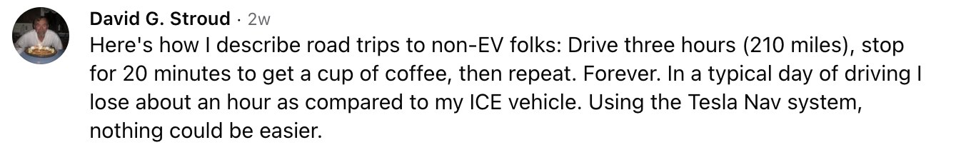 Facebook comment from David G. Stroud: drive three hours, stop for 20 minutes to get a cup of coffee, then repeat