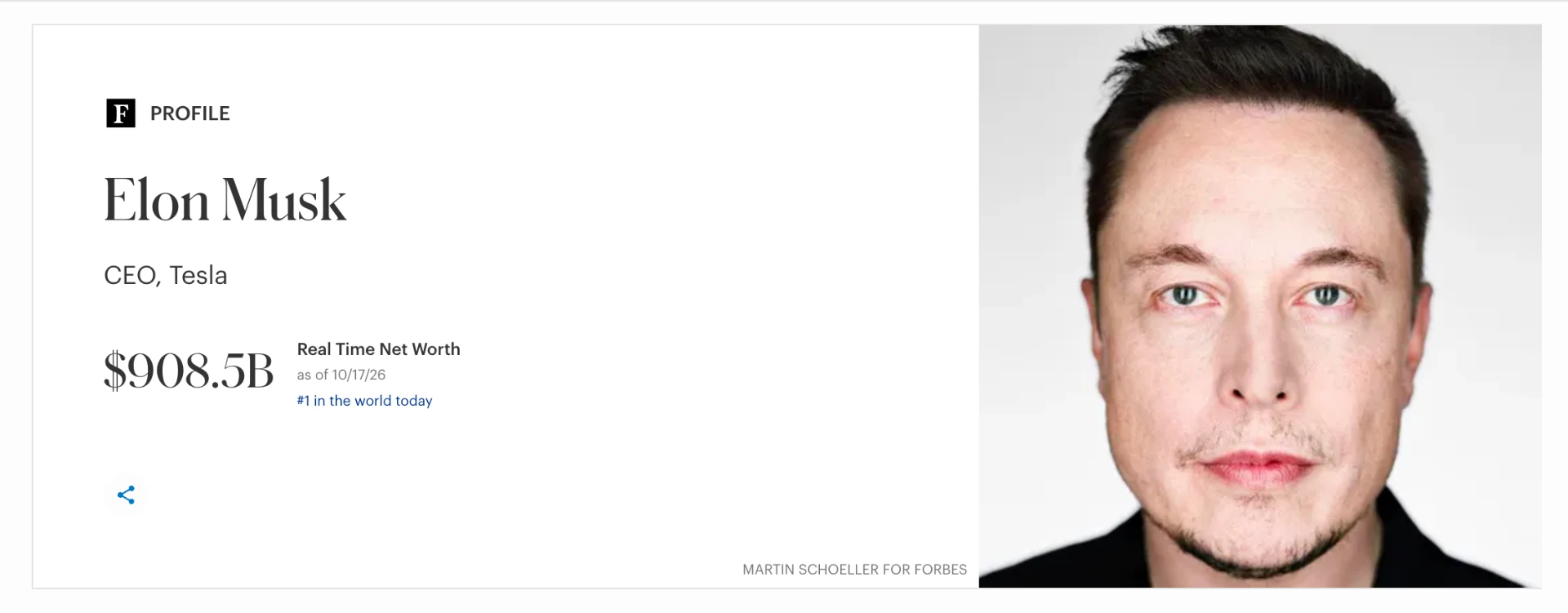 Forbes profile of Elon Musk showing a real-time net worth of $908.5 billion as of October 17, 2026, ranked number one in the world