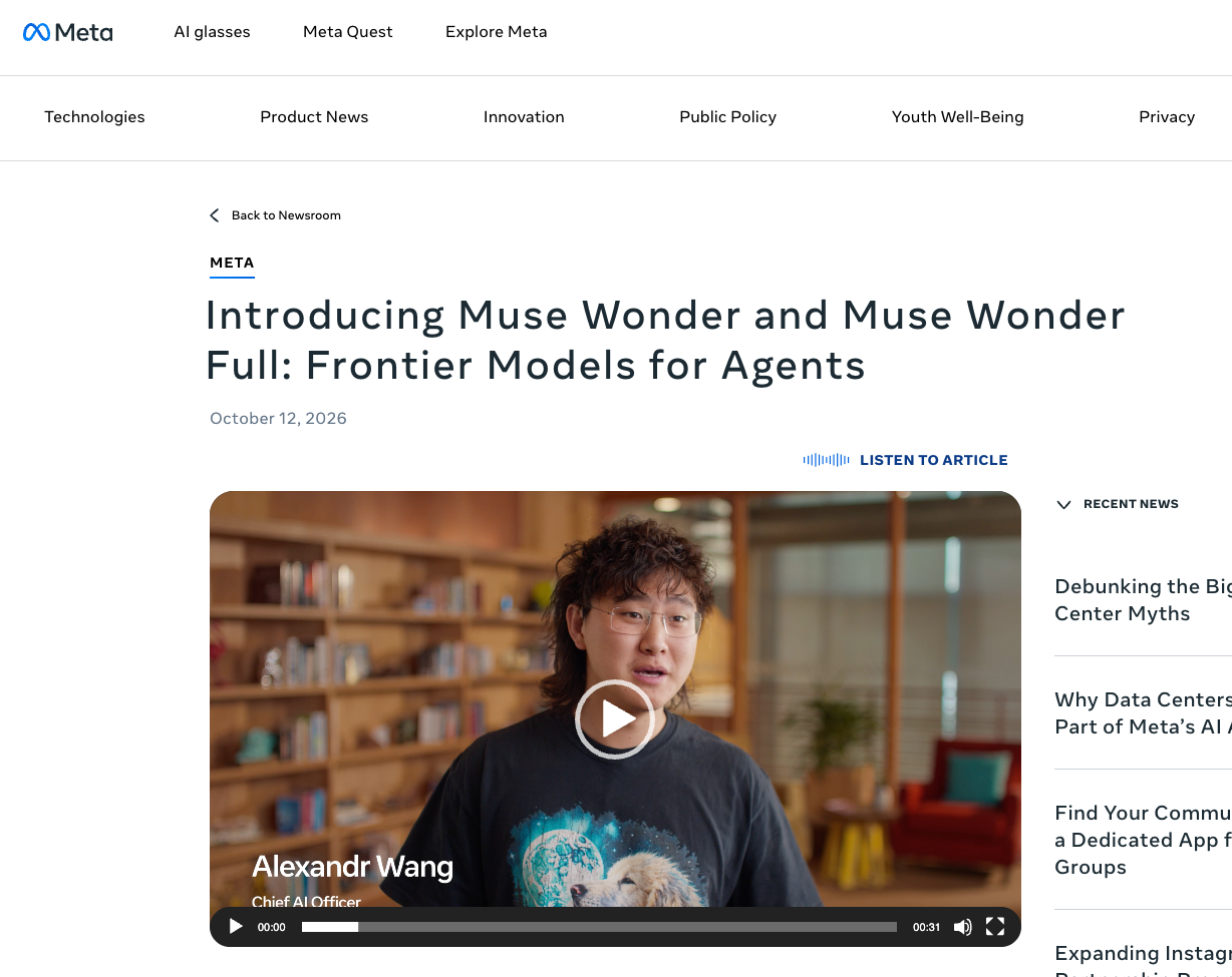 Meta newsroom post dated October 12, 2026, titled Introducing Muse Wonder and Muse Wonder Full: Frontier Models for Agents, with a video of Chief AI Officer Alexandr Wang