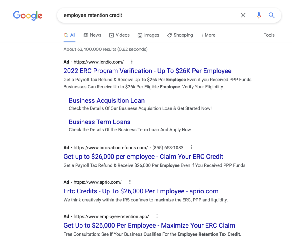 search results on google for employee retention credit